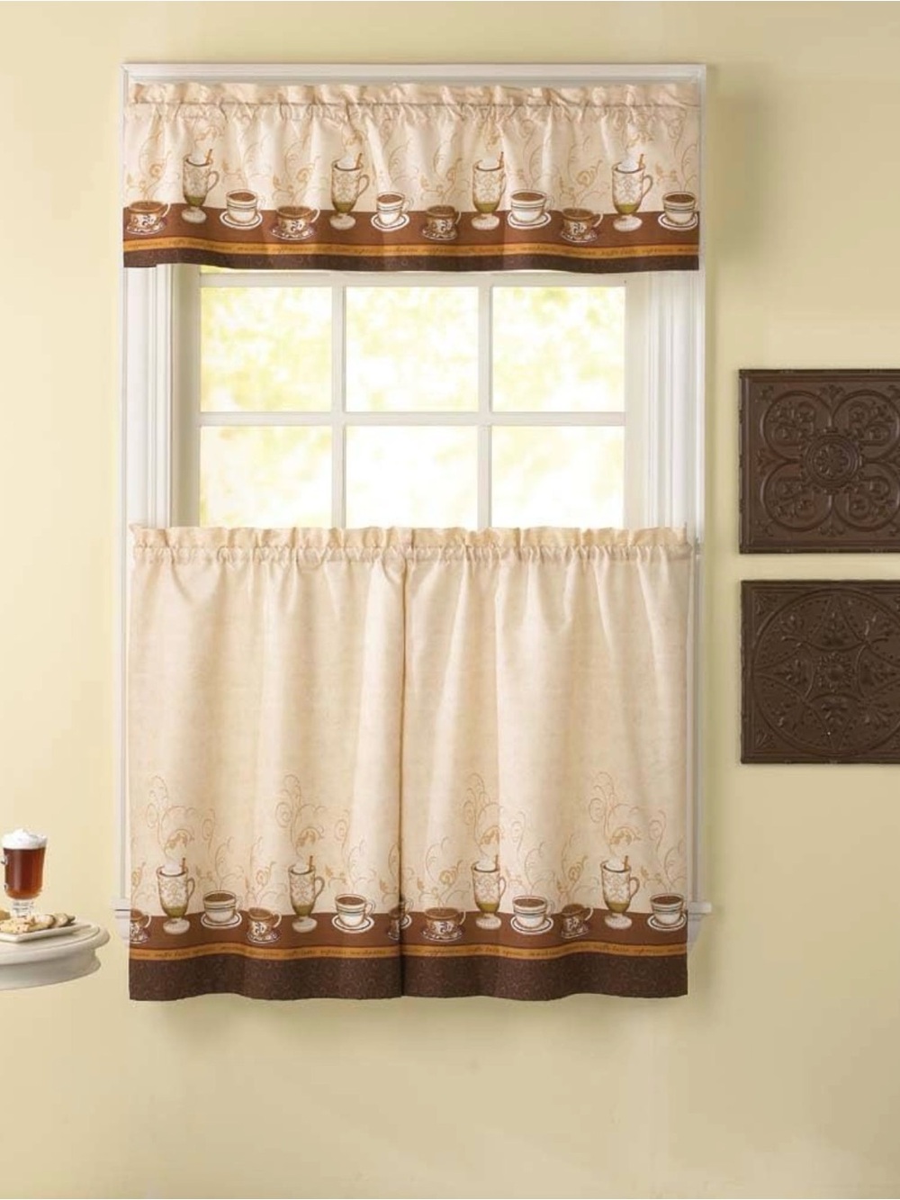 Cafe Au Lait Window Kitchen Curtain Tier (2) and Valance (1) Set, 3-Piece Bistro